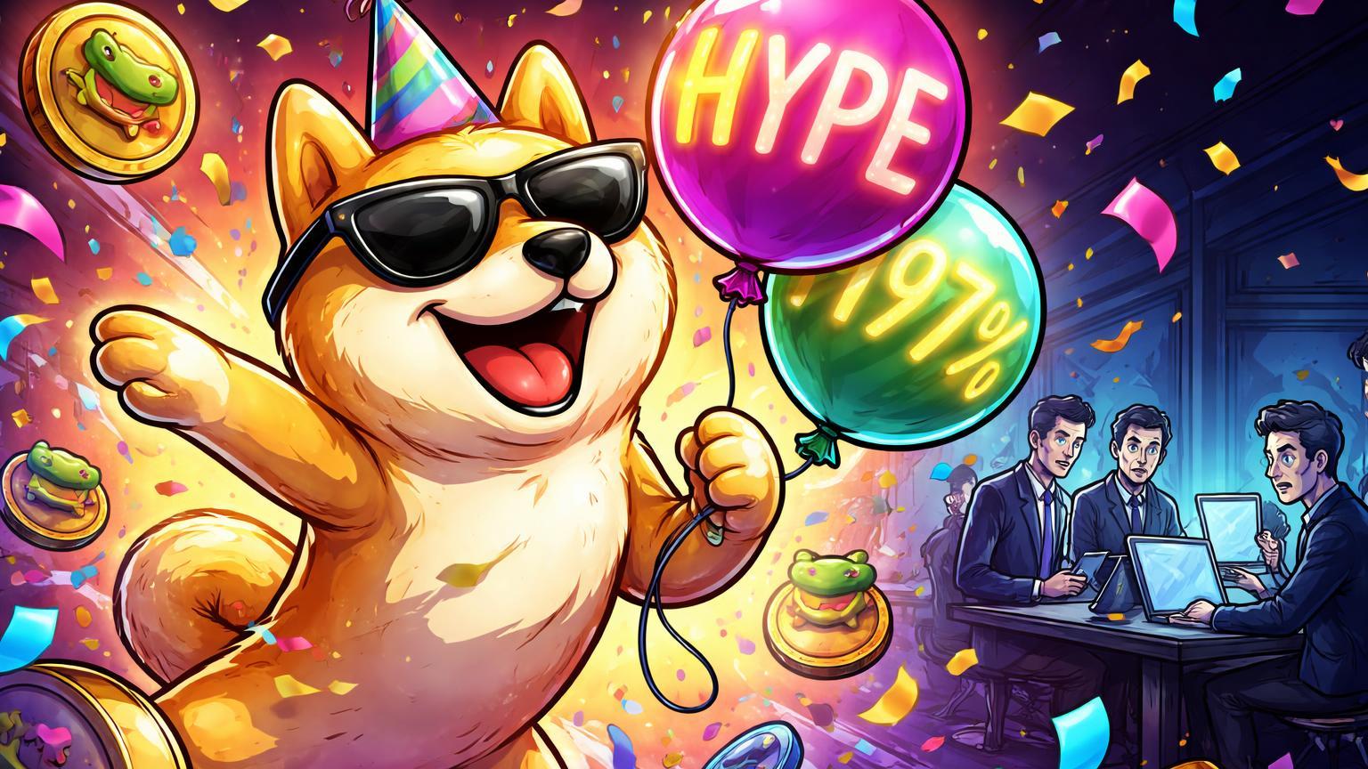 Doge cartoon gigante dançando em festa memecoin com balões 197% e HYPE, traders DeFi perplexos ao fundo, ilustrando explosão de volume em DOGE e HYPE