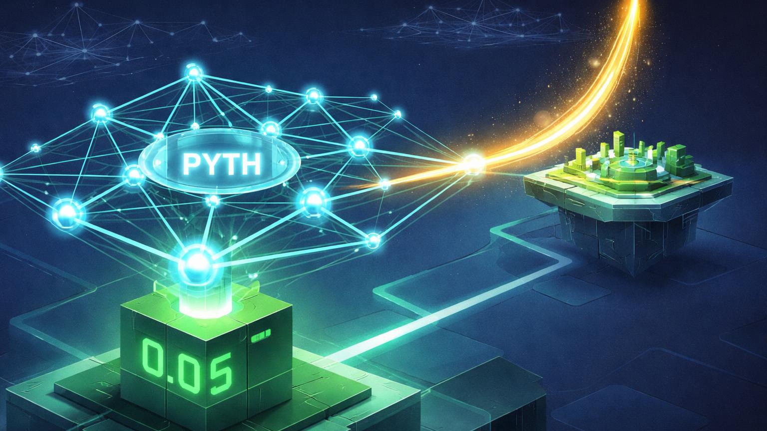 Rede isométrica Pyth cyan ancorada em pilar 0.05 verde conectando a plataforma Robinhood com fluxo dourado ascendente, rivalizando Chainlink