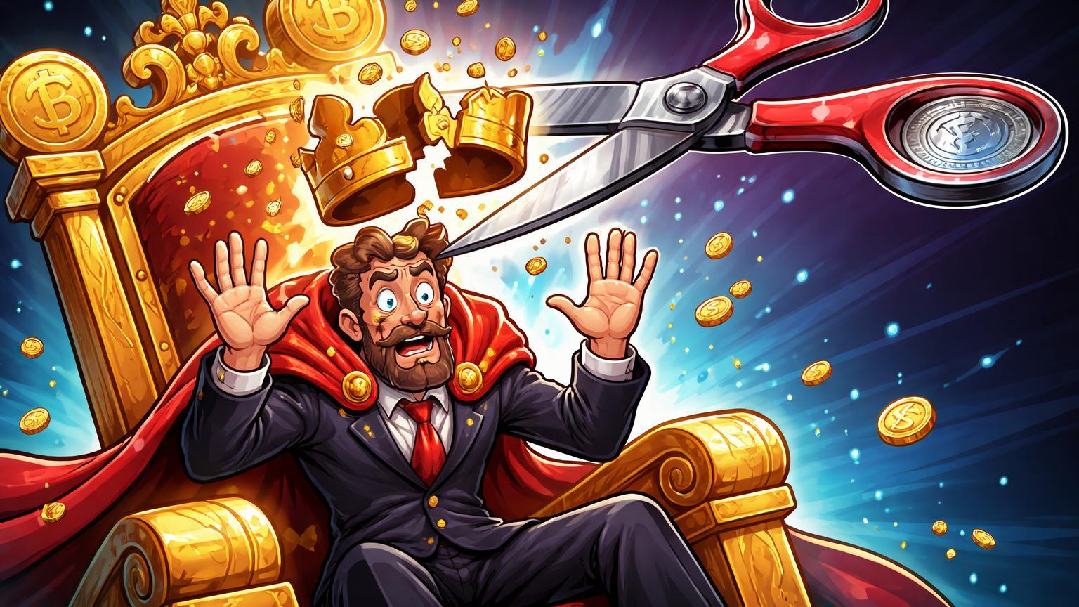 Rei cartoon em trono tendo coroa cortada por tesoura regulatória gigante, simbolizando lei limitando poder de donos em exchanges coreanas