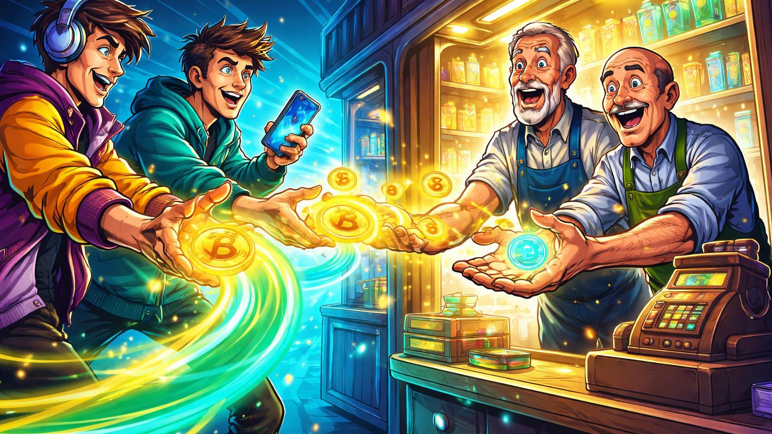 Jovens cartoon entregando energia cripto neon a lojistas tradicionais, simbolizando adoção por 39% dos comerciantes americanos segundo PayPal