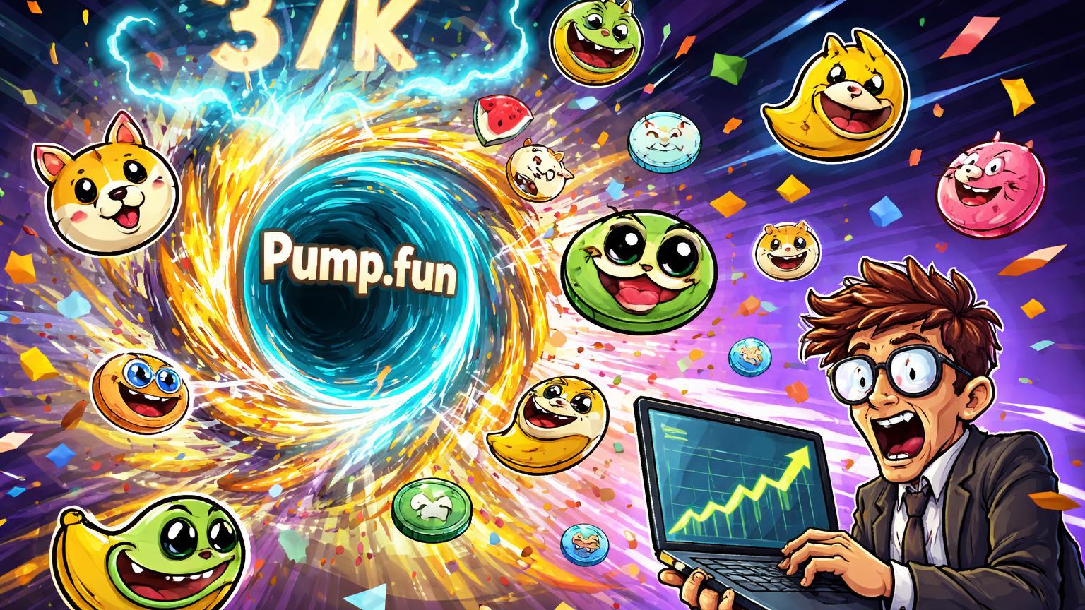 Portal Pump.fun expelindo enxame caótico de memecoins cartoon com trader atônito, simbolizando 37 mil lançamentos em 24h na Solana