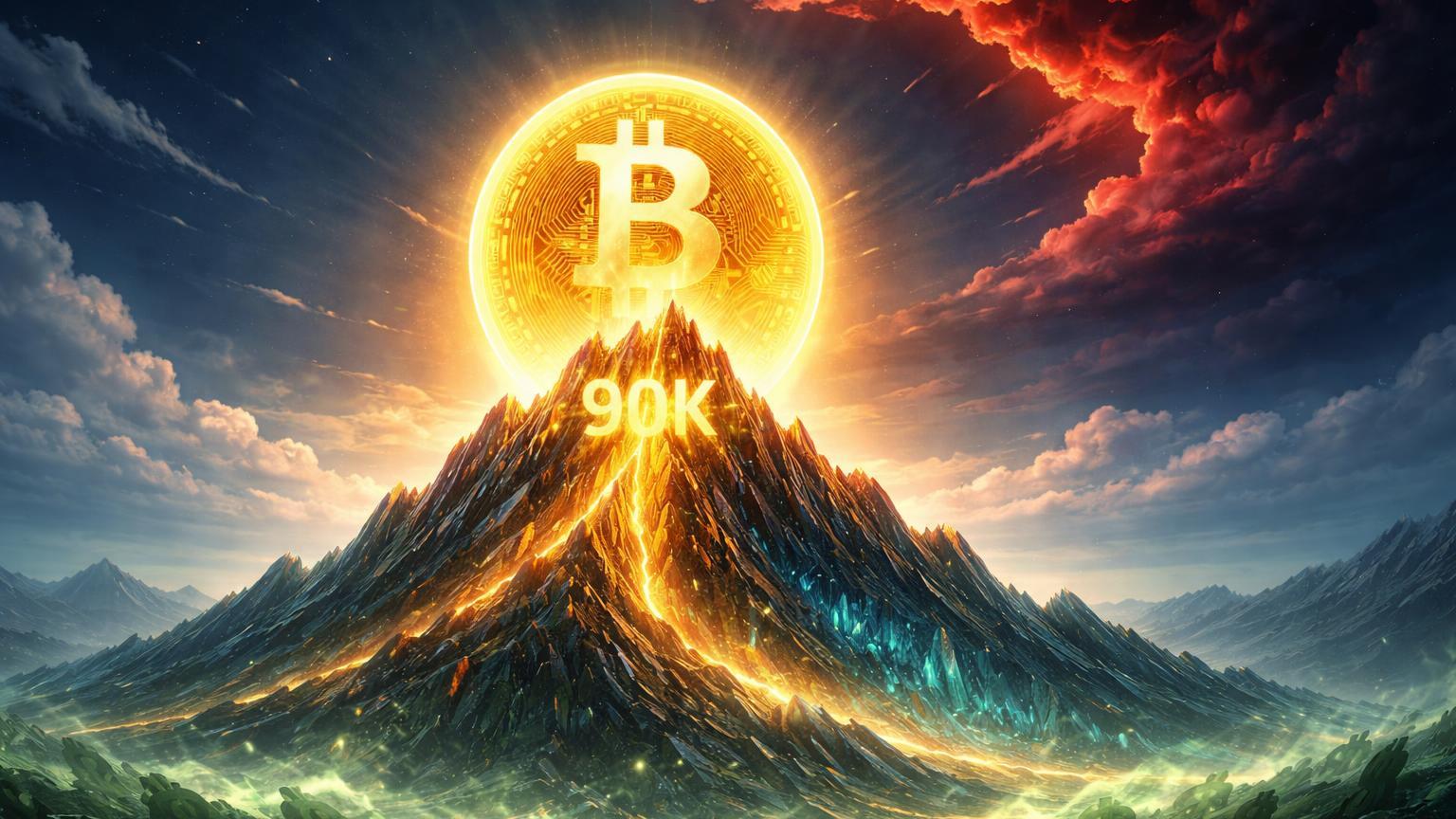 Sol dourado Bitcoin quase atingindo pico 90K em montanha digital, com nuvem vermelha geopolítica ameaçando, sob efeito Trump e dólar fraco