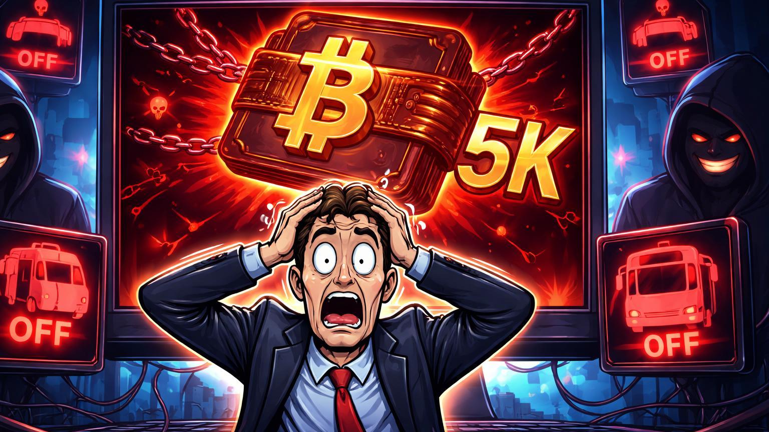 Prefeito cartoon em pânico diante de tela de ransomware com BTC e 5K, representando ciberataque em prefeitura espanhola