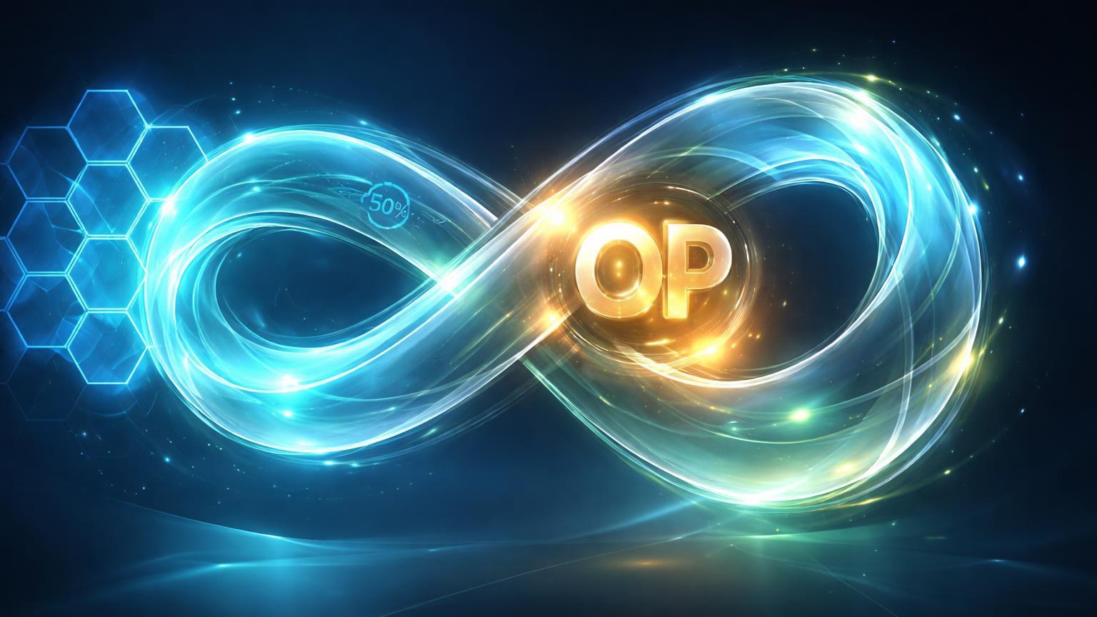 Loop glassmorphism de energia cyan com 50% fluindo para núcleo OP dourado, simbolizando recompra aprovada pela Superchain da Optimism