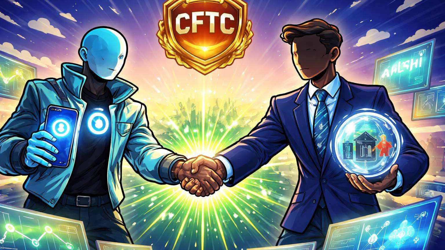 Personagens cartoon de Coinbase e Kalshi apertando mãos sobre painéis de previsão com selo CFTC, simbolizando lançamento de mercados regulados