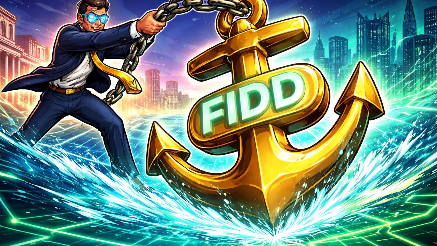 Executivo cartoon lanhando âncora stablecoin FIDD em oceano Ethereum, simbolizando lançamento pela Fidelity e adoção institucional