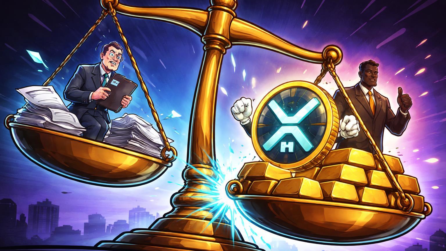 Balança da justiça cartoon inclinada a favor de lingotes de ouro e token XRP vitorioso sobre burocracia SEC, simbolizando reservas Tether e vitória judicial Ripple
