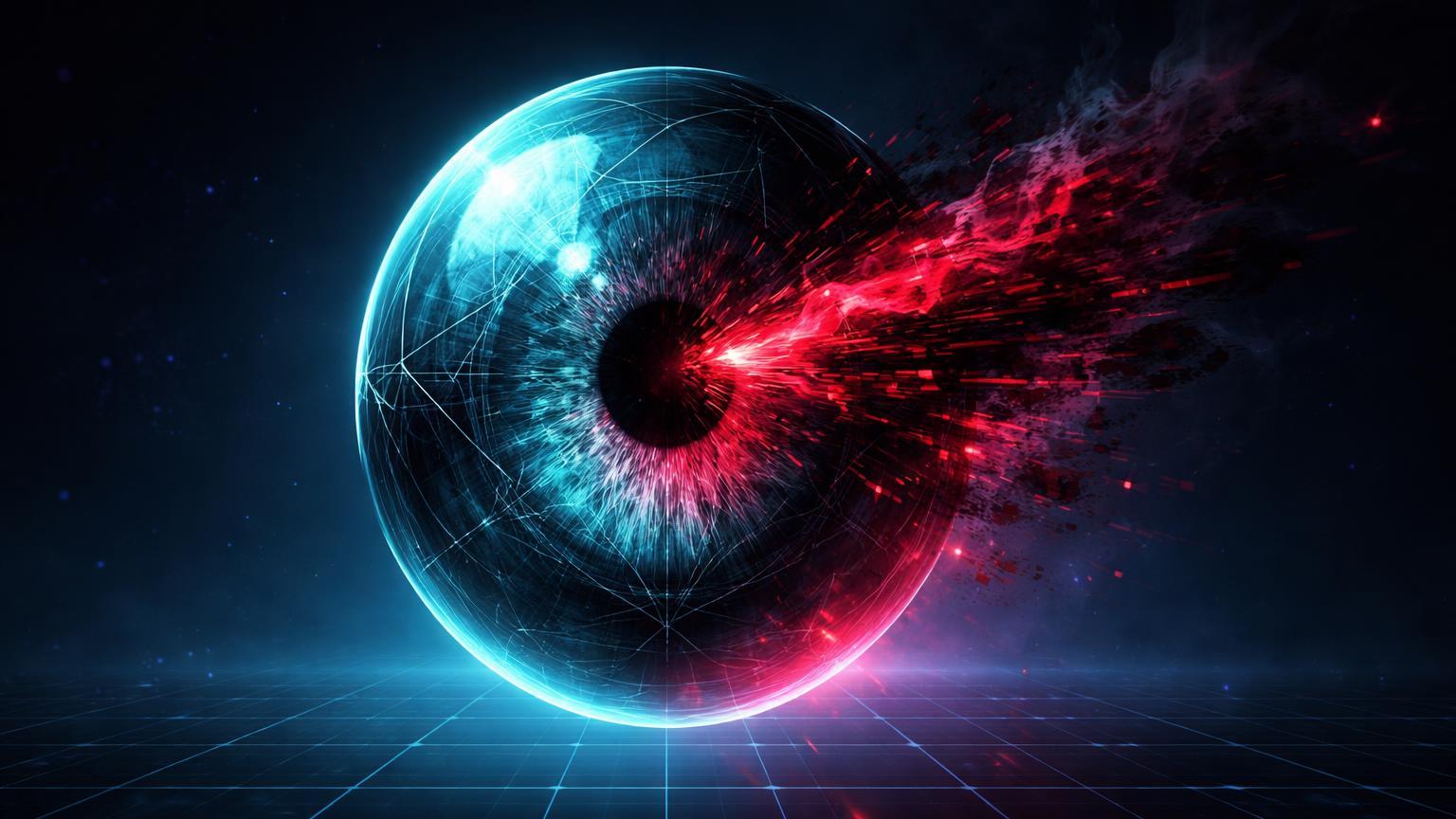 Esfera ocular cibernética glitchada por padrão adversarial invisível, expondo vulnerabilidades em visão de IA para cripto e DeFi