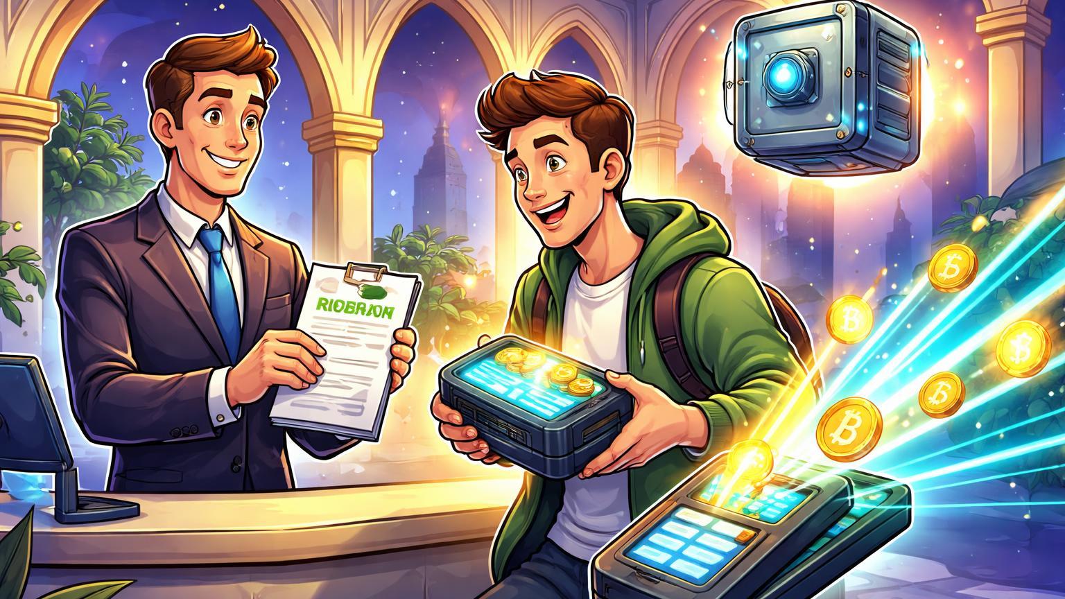 Personagens cartoon em agência de seguros trocando apólice por pagamento cripto via carteira digital luminosa, ilustrando serviço em Dubai