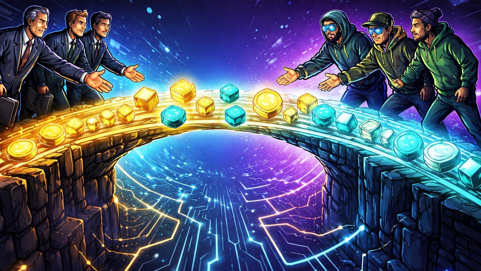 Investidores tradicionais e traders DeFi cartoon conectando ponte tokenizada sobre rede Solana, simbolizando US$116 bi em fundos integrados