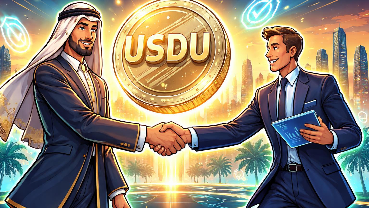 Personagens cartoon regulador EAU e investidor global apertando mãos sobre stablecoin USDU com selos regulatórios, marcando lançamento pioneiro nos Emirados