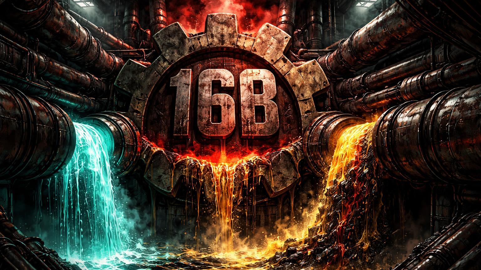 Fábrica brutalista subterrânea processando fluxo dourado contaminado com '16B' em engrenagem, representando lavagem recorde de US$16 bi em cripto por redes chinesas