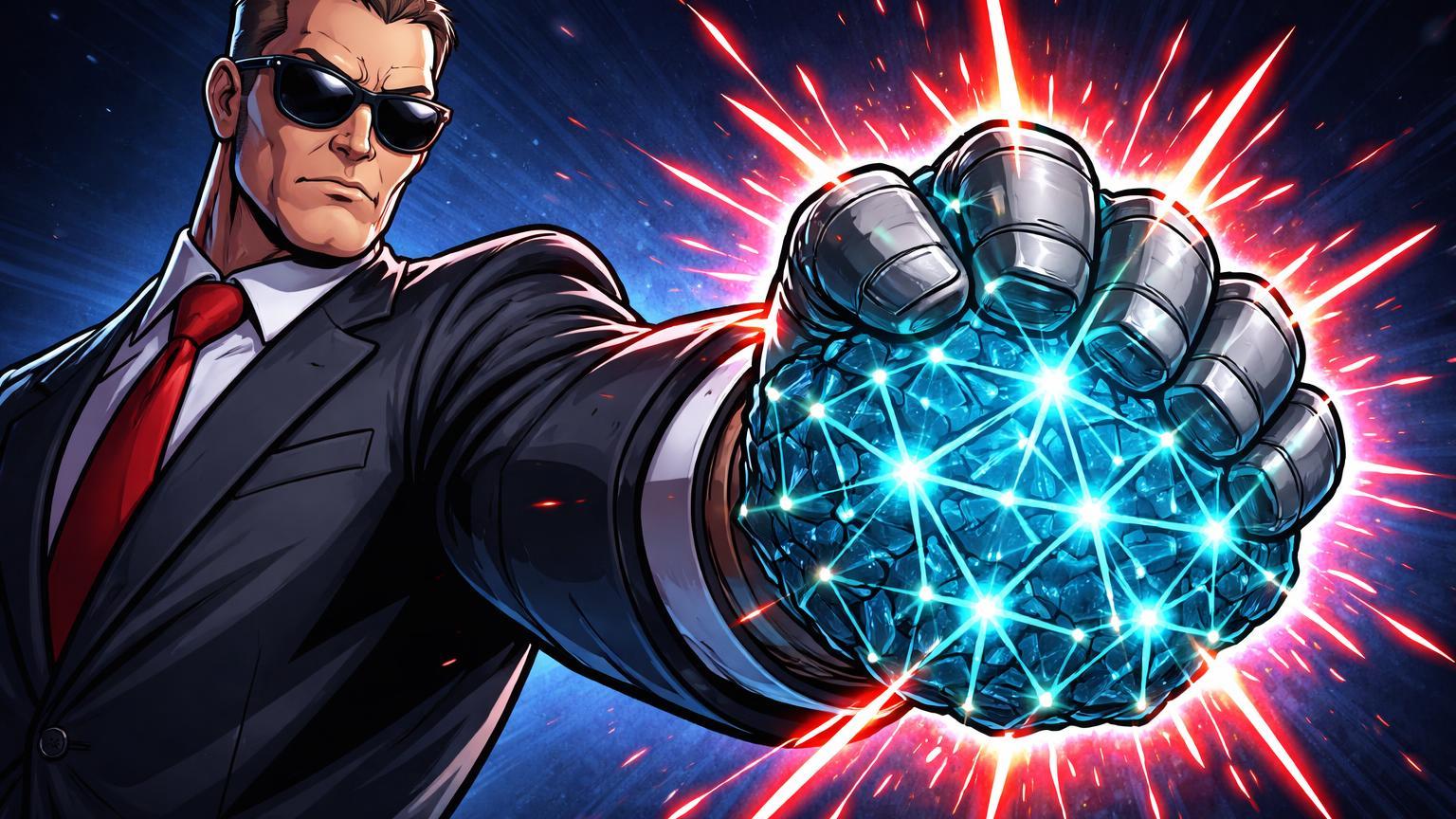 Punho metálico de personagem cartoon SEC apertando rede de tokens cyan, simbolizando regras endurecidas para ações tokenizadas e DeFi