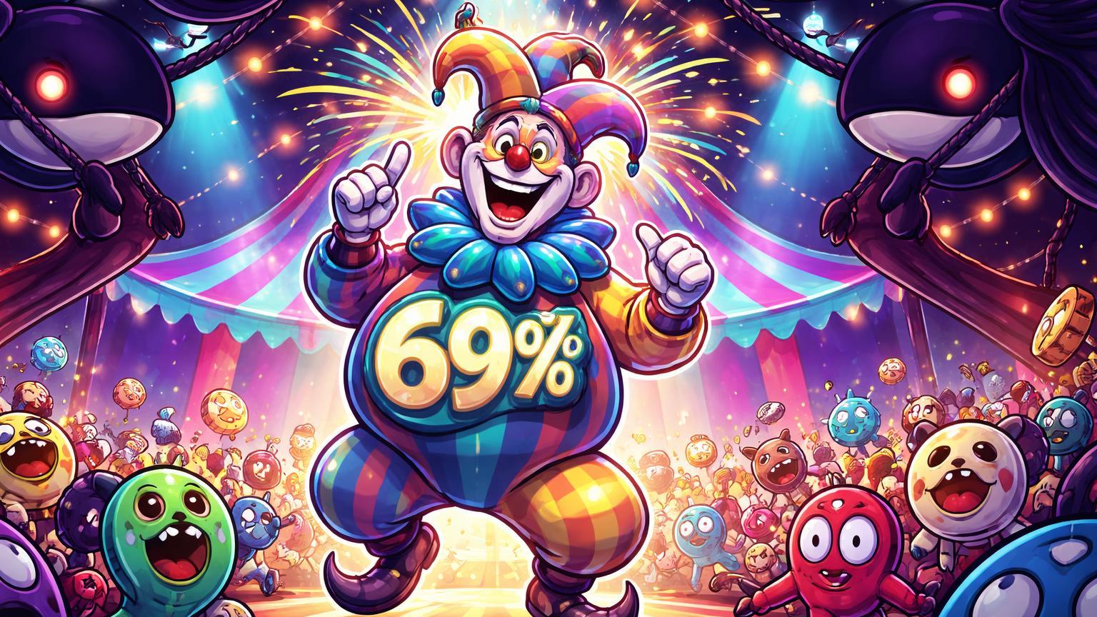 Palhaço cartoon PIPPIN no centro de circo caótico de memecoins Solana, com '69%' em balão e baleias vendendo nas sombras, simbolizando pump explosivo