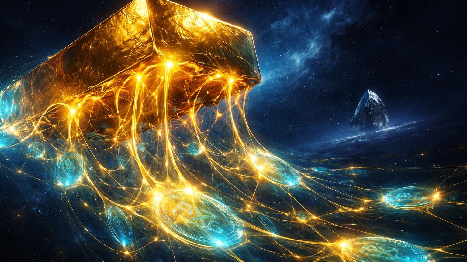 Bloco de ouro derretendo em rede de tokens PAXG translúcidos, eclipsando cristal BTC estagnado, simbolizando rally do ouro sobre Bitcoin