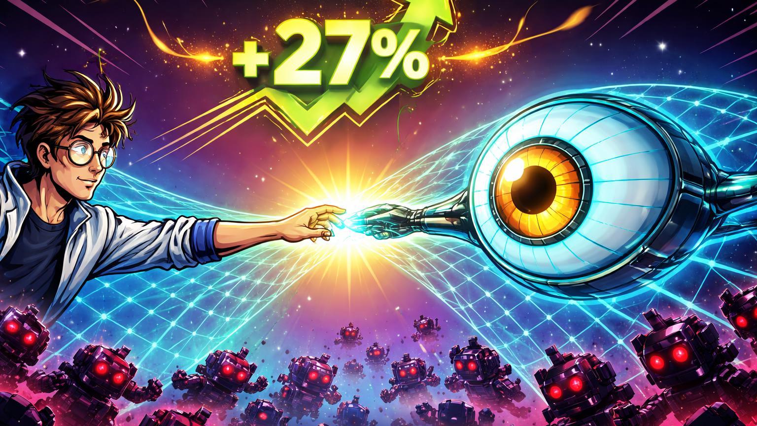 Visionário tech cartoon unindo mão a olho biométrico Worldcoin para repelir bots, com seta +27% ascendente simbolizando alta do WLD e aliança OpenAI