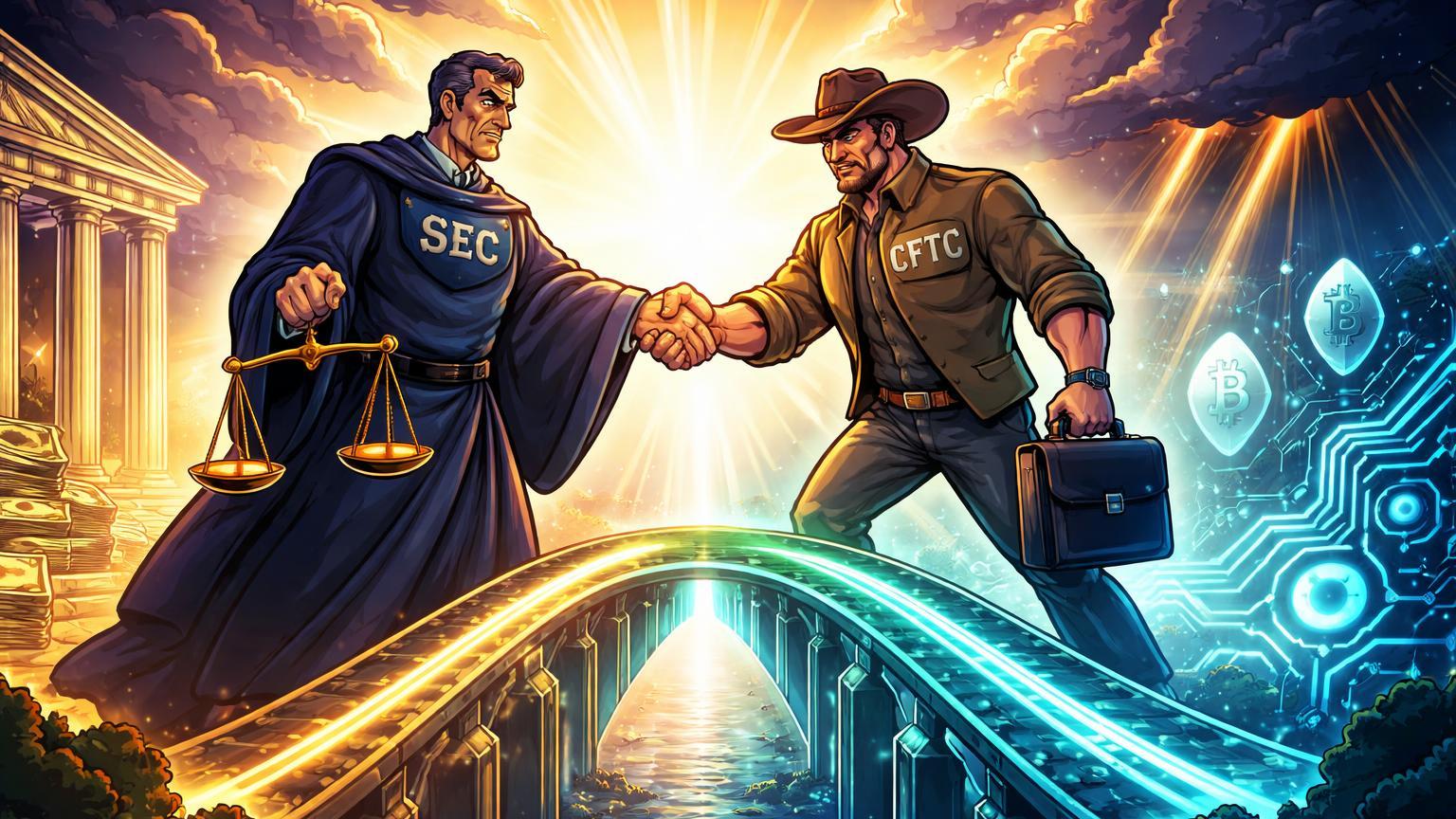 Personagens cartoon de SEC e CFTC apertando mãos sobre ponte luminosa conectando mundos tradicional e cripto, sinalizando clareza regulatória nos EUA