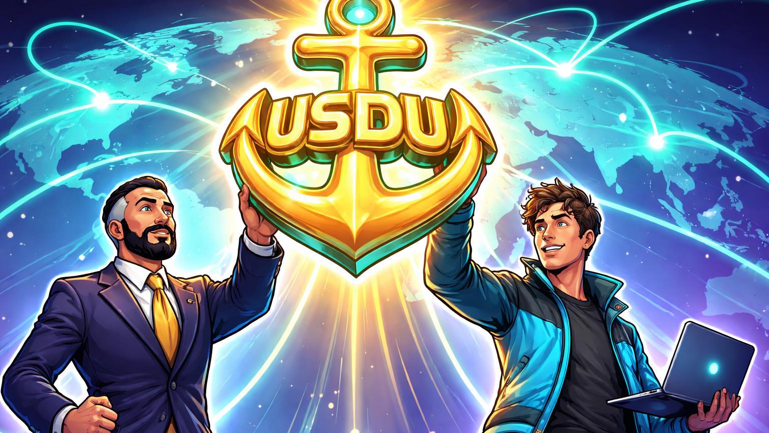 Personagens cartoon regulador e tech erguendo âncora USDU sobre mapa global com fluxos cyan, simbolizando stablecoin regulada nos Emirados