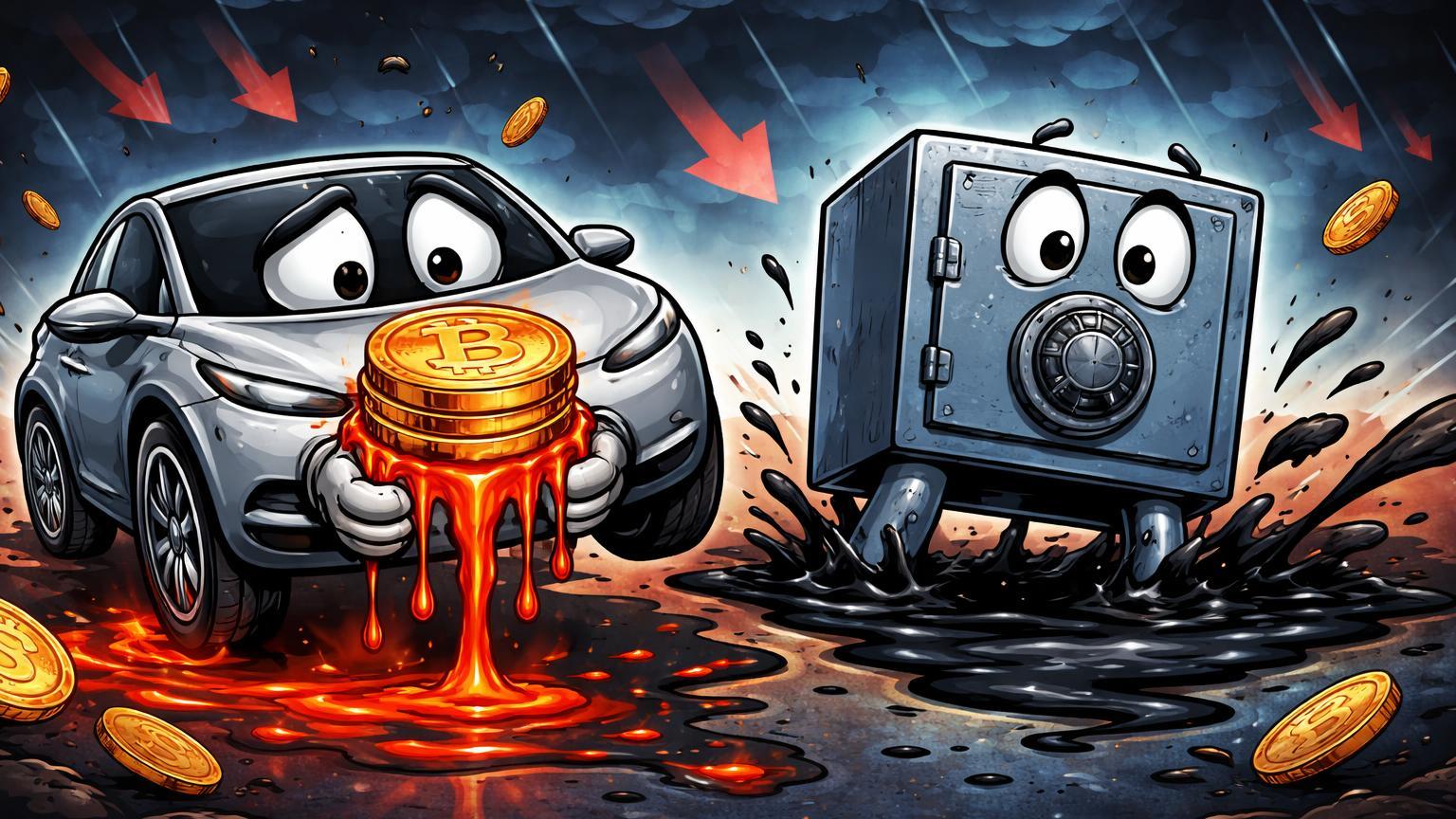 Personagens cartoon de carro Tesla e cofre Coinbase reagindo a Bitcoin derretendo e afundando, simbolizando prejuízos e queda de ações cripto