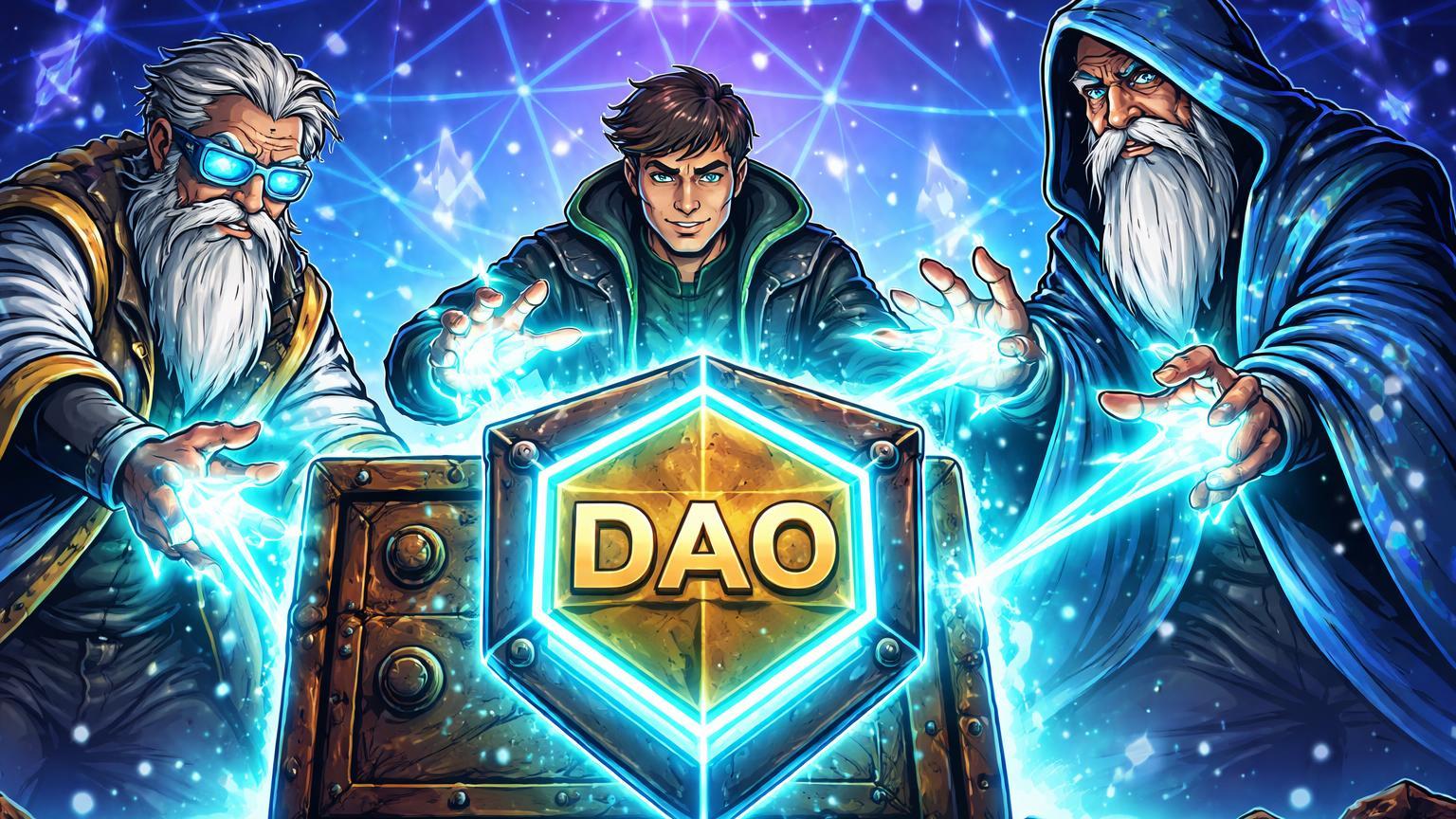 Veteranos cartoon transformando cofre DAO antigo em escudo protetor luminoso para rede Ethereum, simbolizando retorno para segurança após hack de 2016