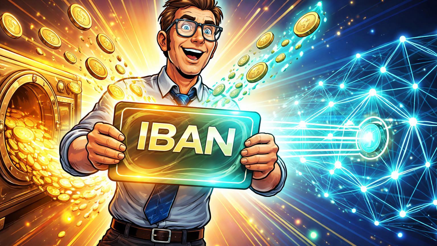 Investidor cartoon conectando cofre bancário a rede crypto com cartão IBAN luminoso, simbolizando lançamento do My Bank da Bybit