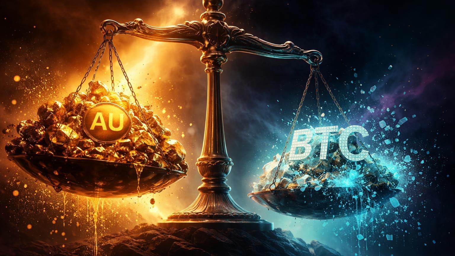 Balança surreal com massa de ouro pesado superando cristais Bitcoin fragmentados, simbolizando ouro superando narrativa de reserva de valor cripto