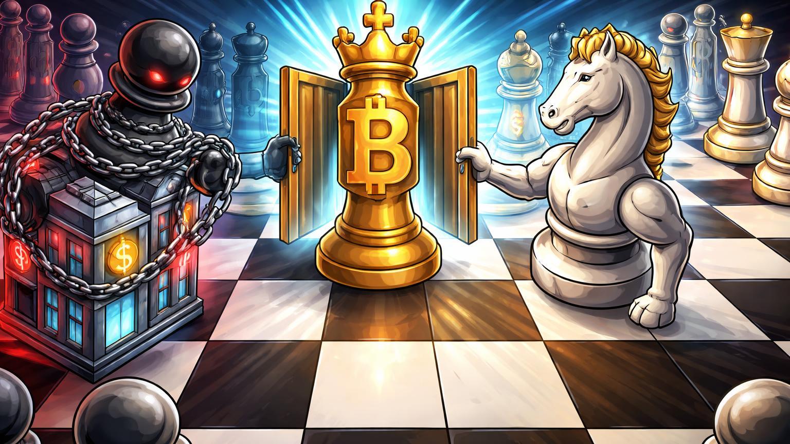 Tabuleiro de xadrez com peças Coreia apertando exchanges e Russía abrindo para Bitcoin, simbolizando contraste regulatório global