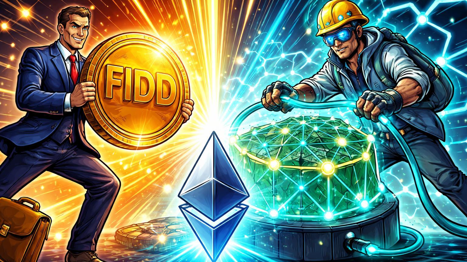 Personagens cartoon de banqueiro e engenheiro ativando stablecoin FIDD e rede Soneium, simbolizando investimentos de Fidelity e Sony em infra cripto