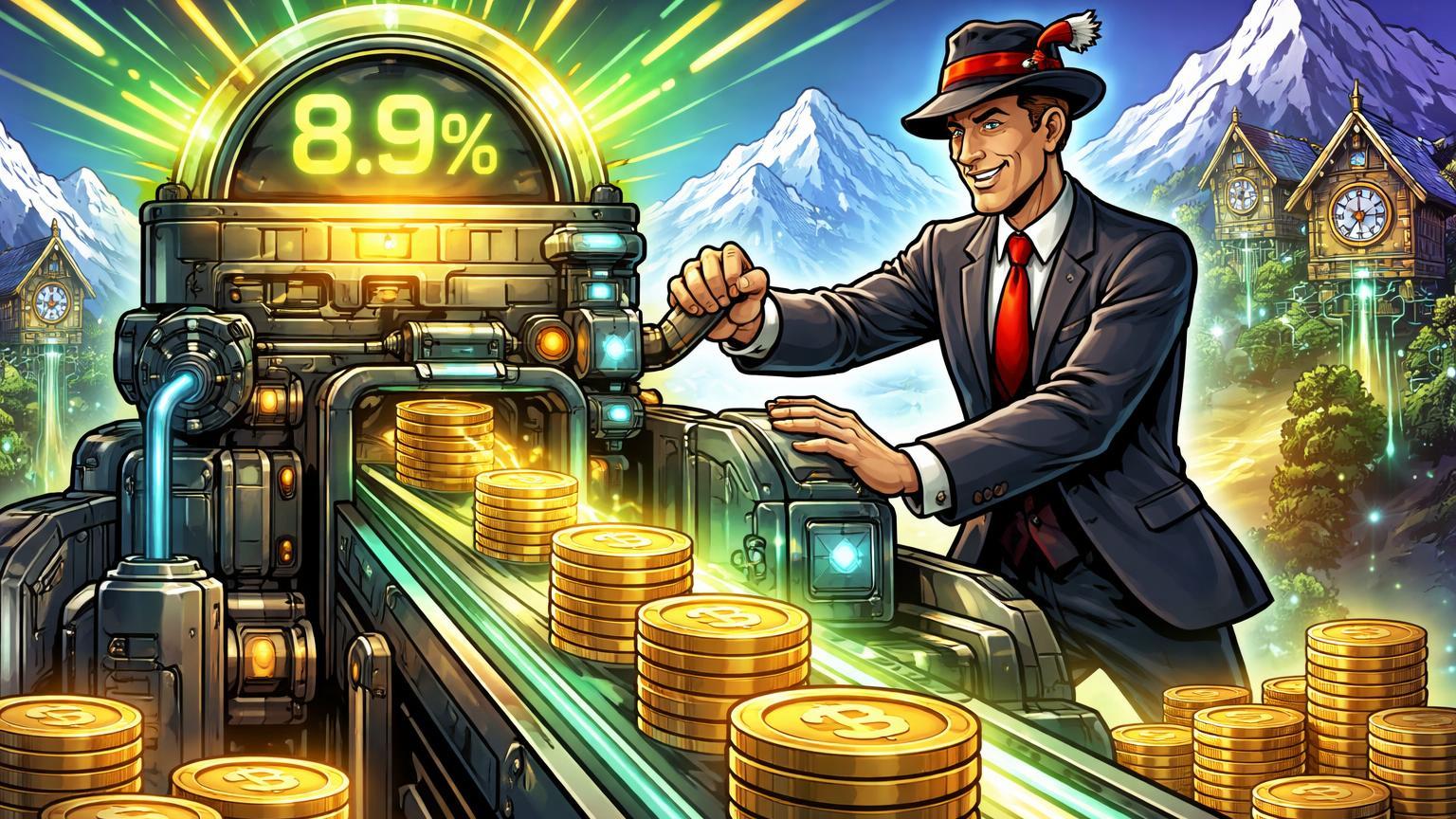Banqueiro suíço cartoon operando máquina de yield BTC com 8.9% exibido, simbolizando fundo market-neutral da Sygnum