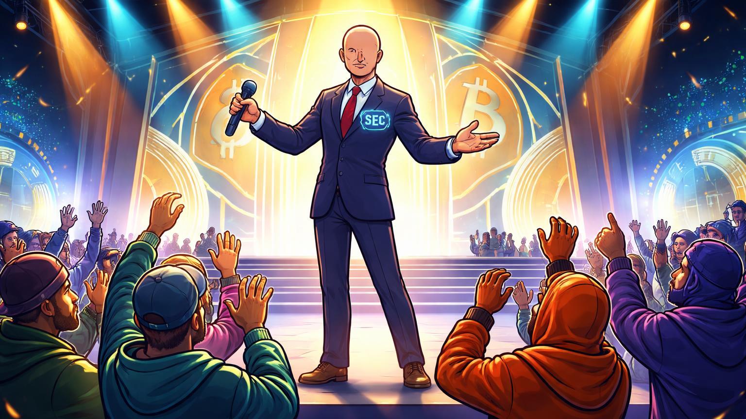 Executivo SEC cartoon no palco da Bitcoin Conference com público crypto aplaudindo, simbolizando paz regulatória e expansão da Coinbase