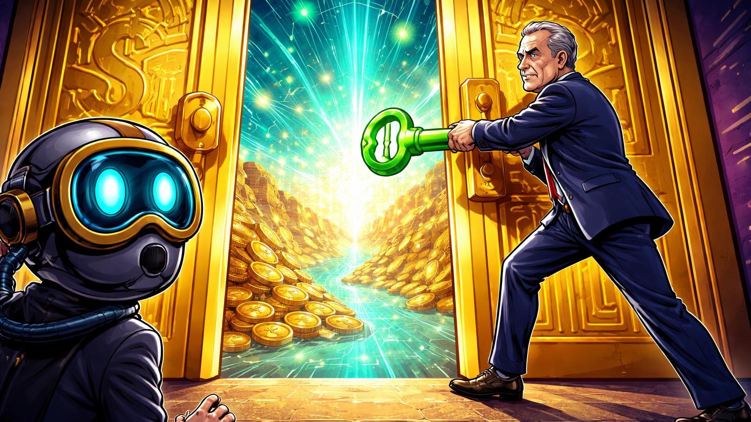 Personagem SEC cartoon abrindo portas douradas com chave verde para fluxo cripto, simbolizando aprovação para 401(k)s e influxo institucional