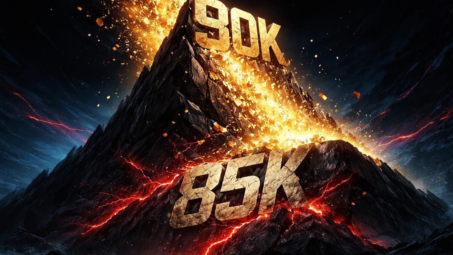 Avalanche de fragmentos dourados despencando de pico 90K para base 85K rachada em vermelho, simbolizando queda do Bitcoin e liquidações de US$ 800 mi