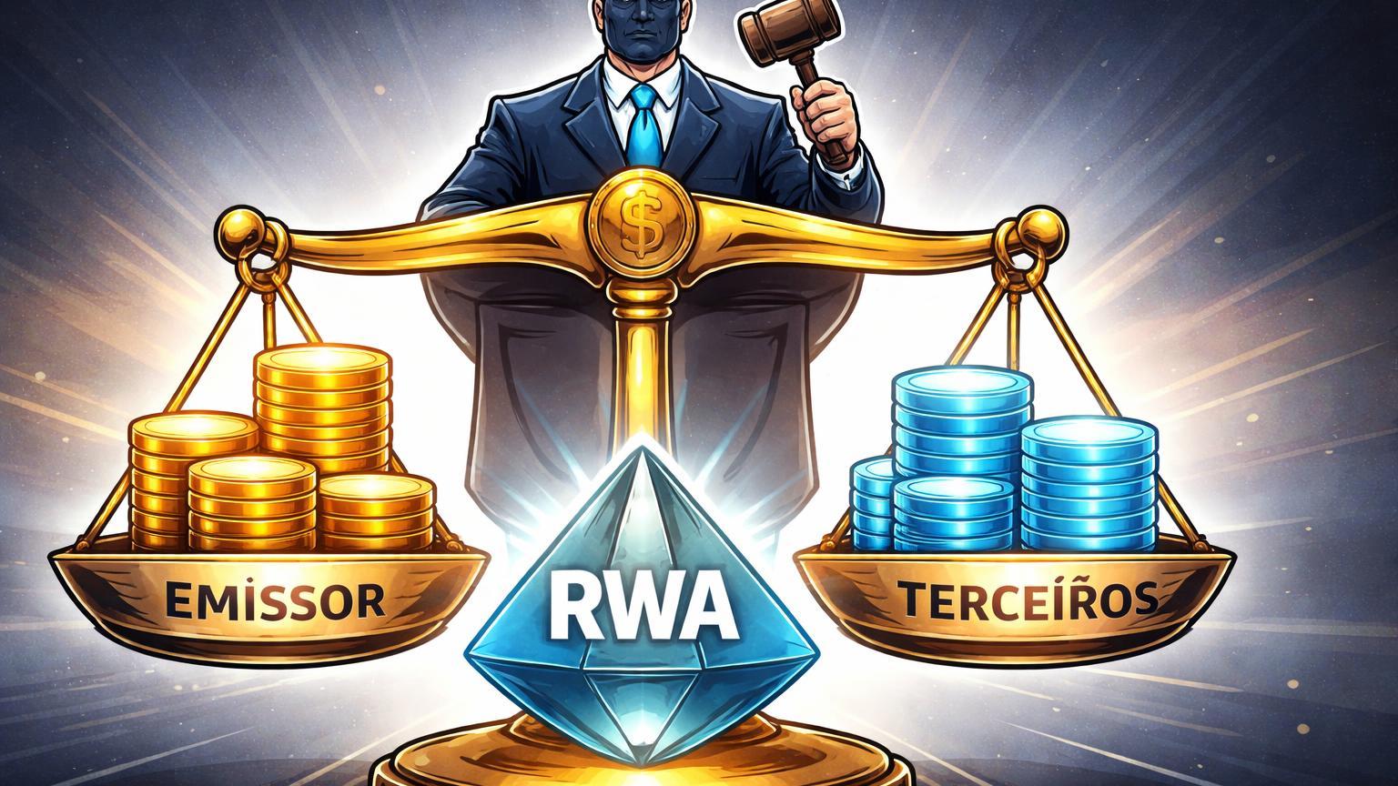 Figura cartoon da SEC equilibrando balança com pratos 'Emissor' e 'Terceiros' sobre prisma RWA, simbolizando diretrizes para tokenização de títulos