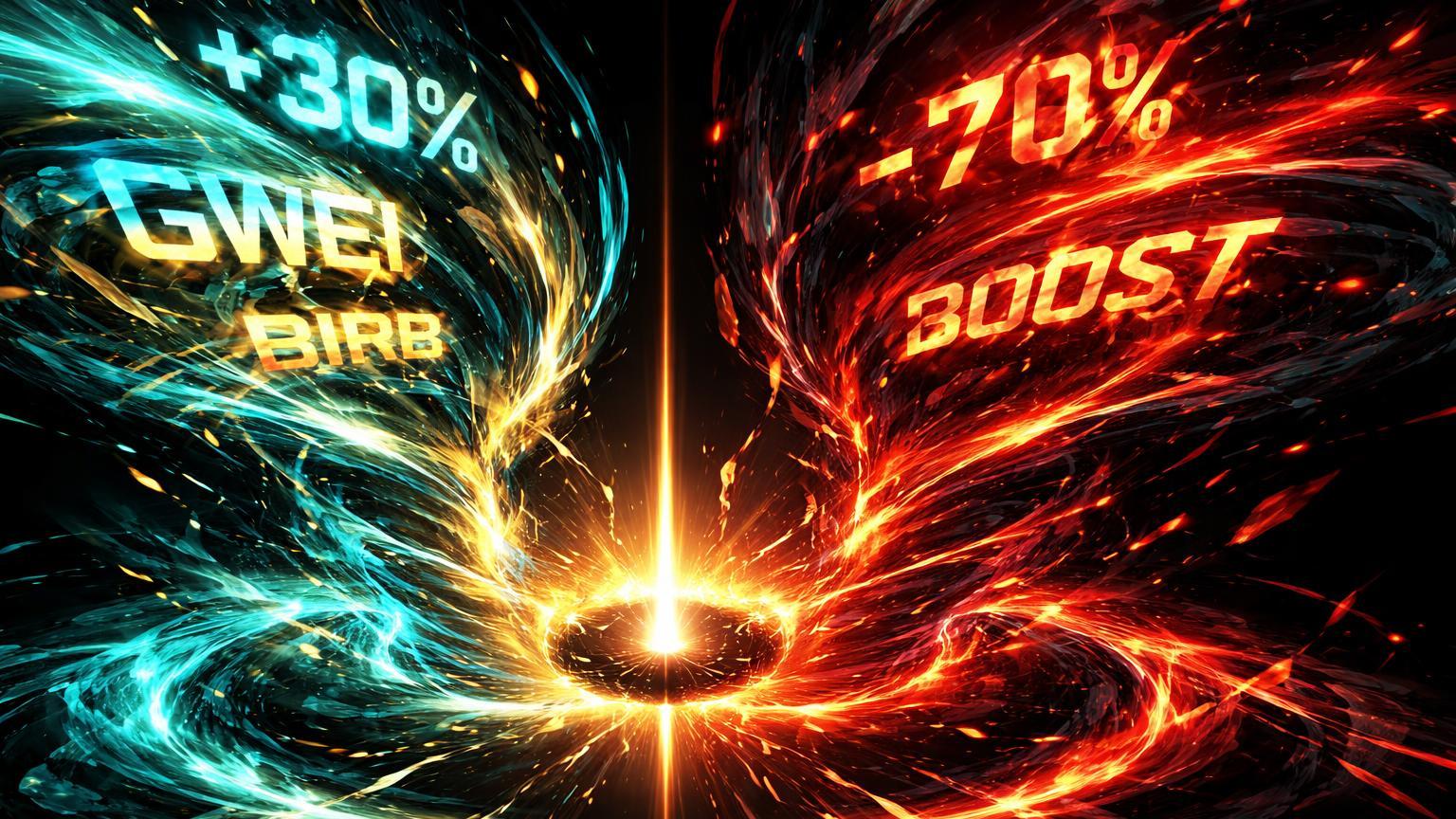 Vórtices opostos de energia com GWEI e BIRB ascendendo +30% em cyan-dourado e BOOST caindo -70% em vermelho, simbolizando volatilidade pelo lançamento e remoção na Binance