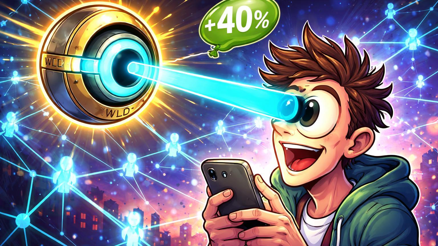 Personagem cartoon escaneando olho com orbe Worldcoin em rede social biométrica anti-bots, simbolizando alta de 40% e prova de humanidade da OpenAI