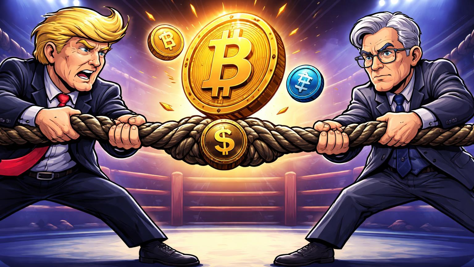 Personagens cartoon de Trump e Powell em cabo de guerra sobre corda de juros com Bitcoin central e ETH/SOL oscilando, ilustrando tensão Fed no trade cripto