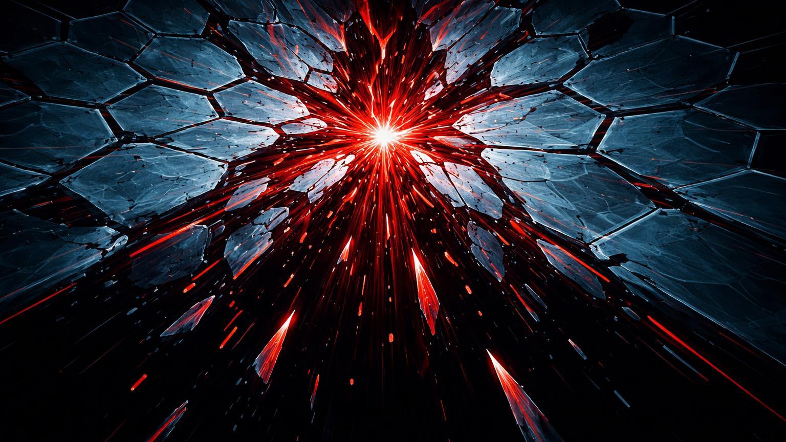 Rede hexagonal de suporte digital fragmentando com estilhaços vermelhos, simbolizando rompimento de suportes em XRP, DOGE e 1INCH