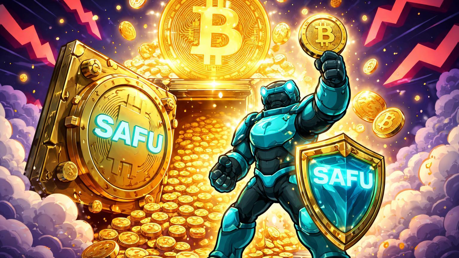 Personagem cartoon da Binance abrindo cofre SAFU liberando moedas Bitcoin em meio a nuvens de volatilidade, simbolizando otimismo na queda do mercado