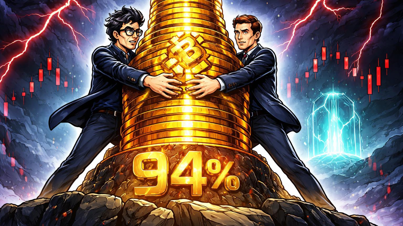 Executivos cartoon abraçando pilha gigante de BNB em tempestade de mercado com portal IA ao fundo, simbolizando HODL de 94% e contrastes cripto