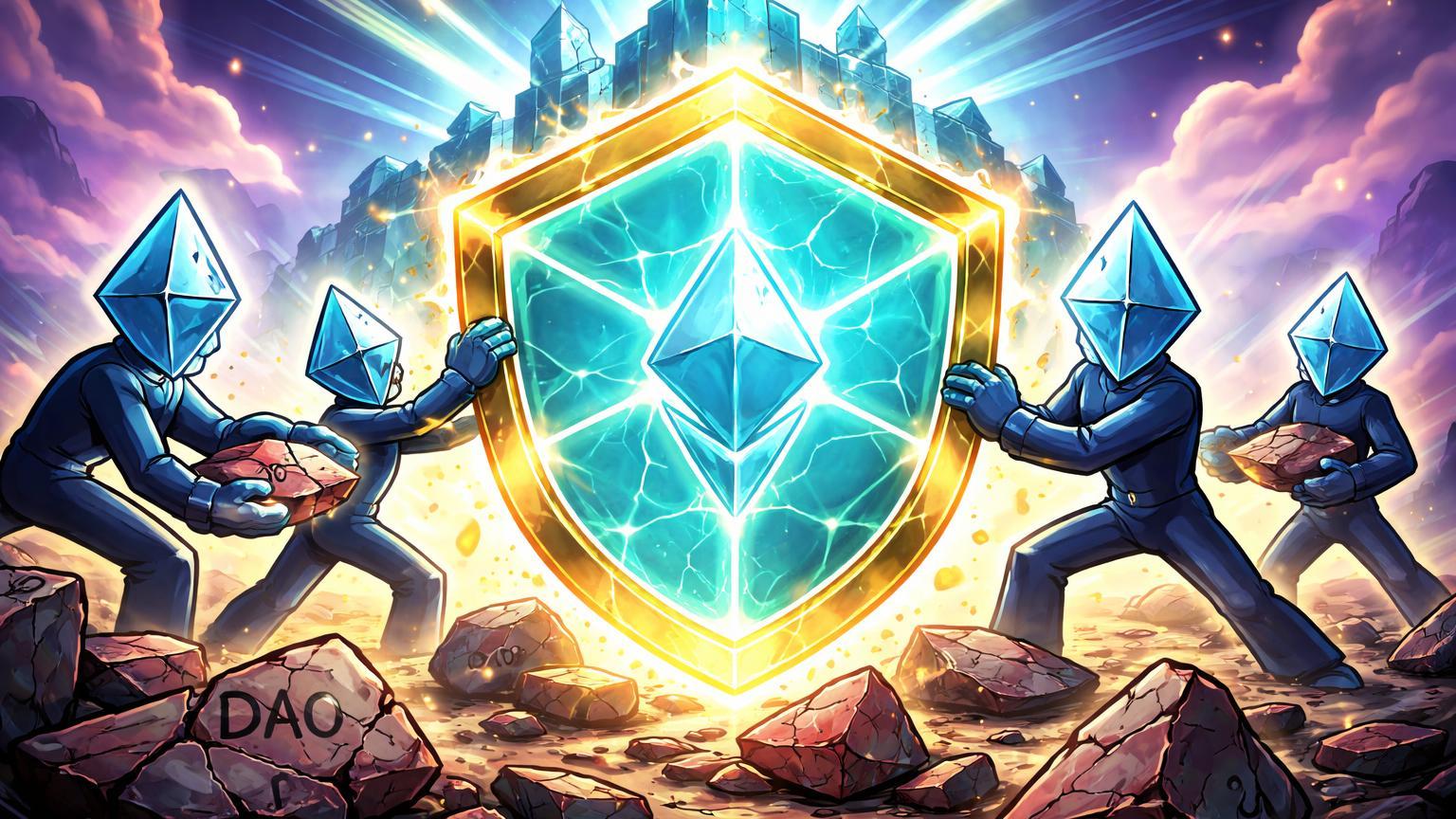 Comunidade Ethereum cartoon transforma fragmentos do hack DAO em escudo de segurança luminoso, simbolizando fundo de US$ 220 milhões para defesa futura