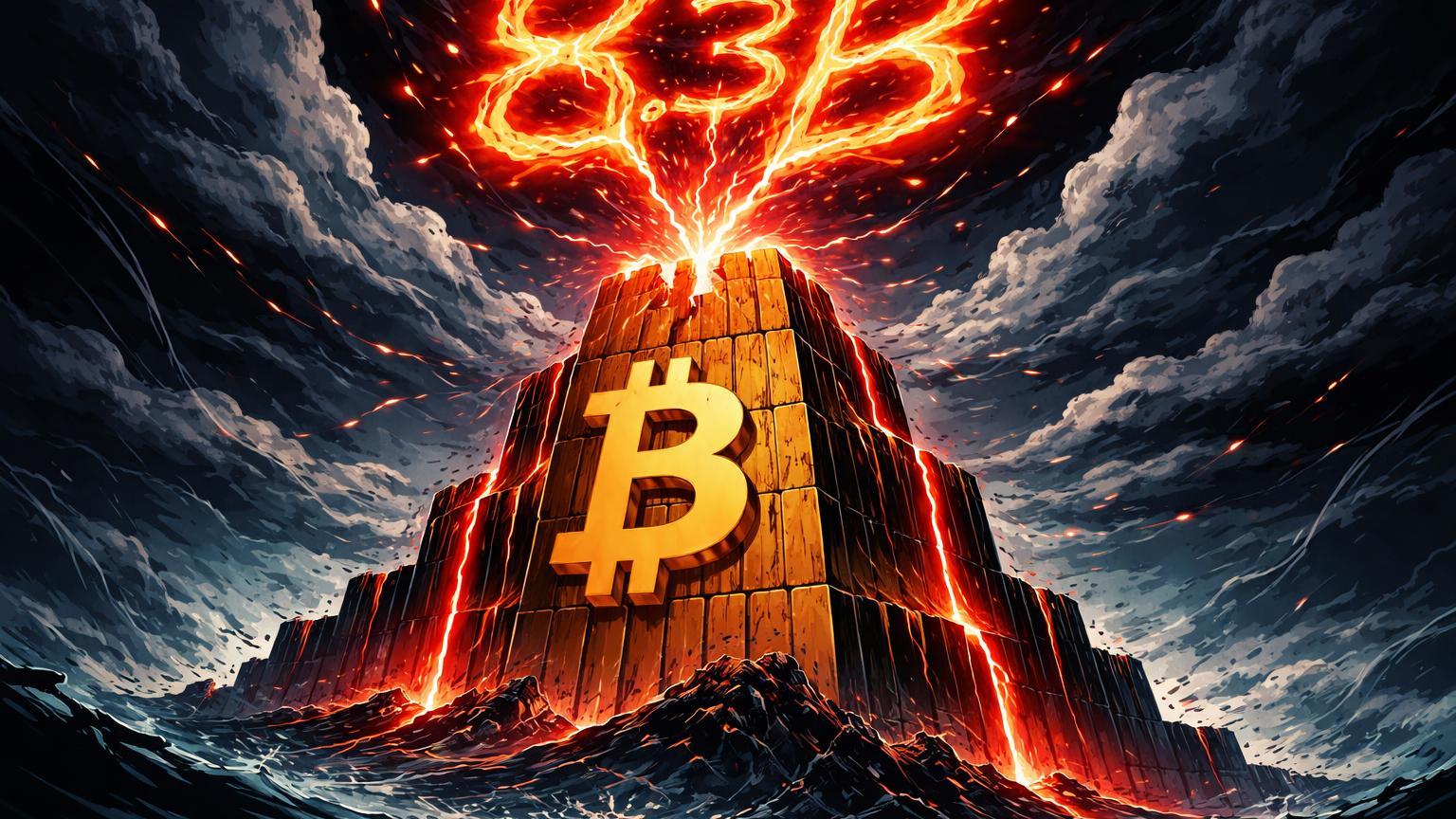 Tempestade brutal com raios '8.3B' rachando fortaleza Bitcoin e vazamentos vermelhos, simbolizando expiração de opções e outflows em ETFs