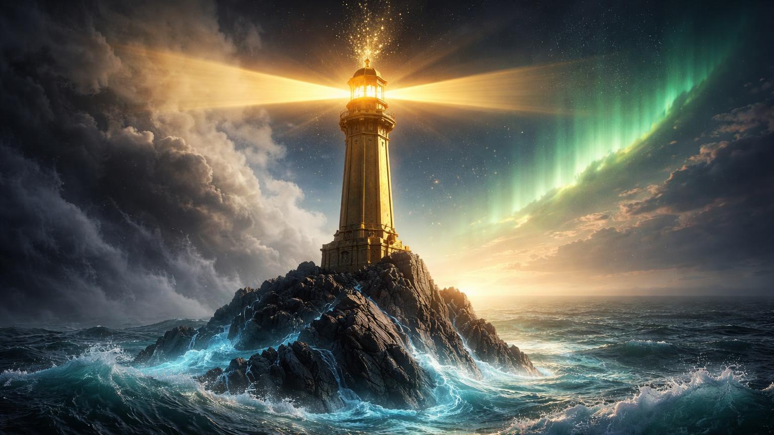 Farol dourado cortando névoa sobre mar digital turbulento rumo a aurora verde, simbolizando holders guiando Bitcoin para alta histórica em fevereiro