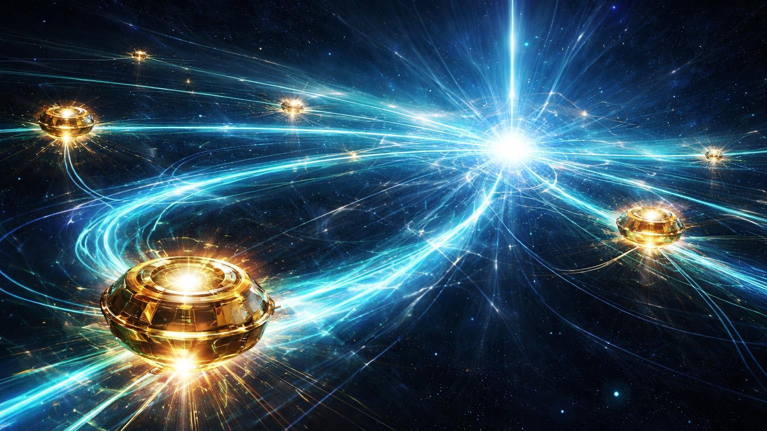 Rede de trilhos cyan luminosos conectando hubs dourados DeFi e Lightning, simbolizando inovação Uniswap UNIfication e RailsX Amboss