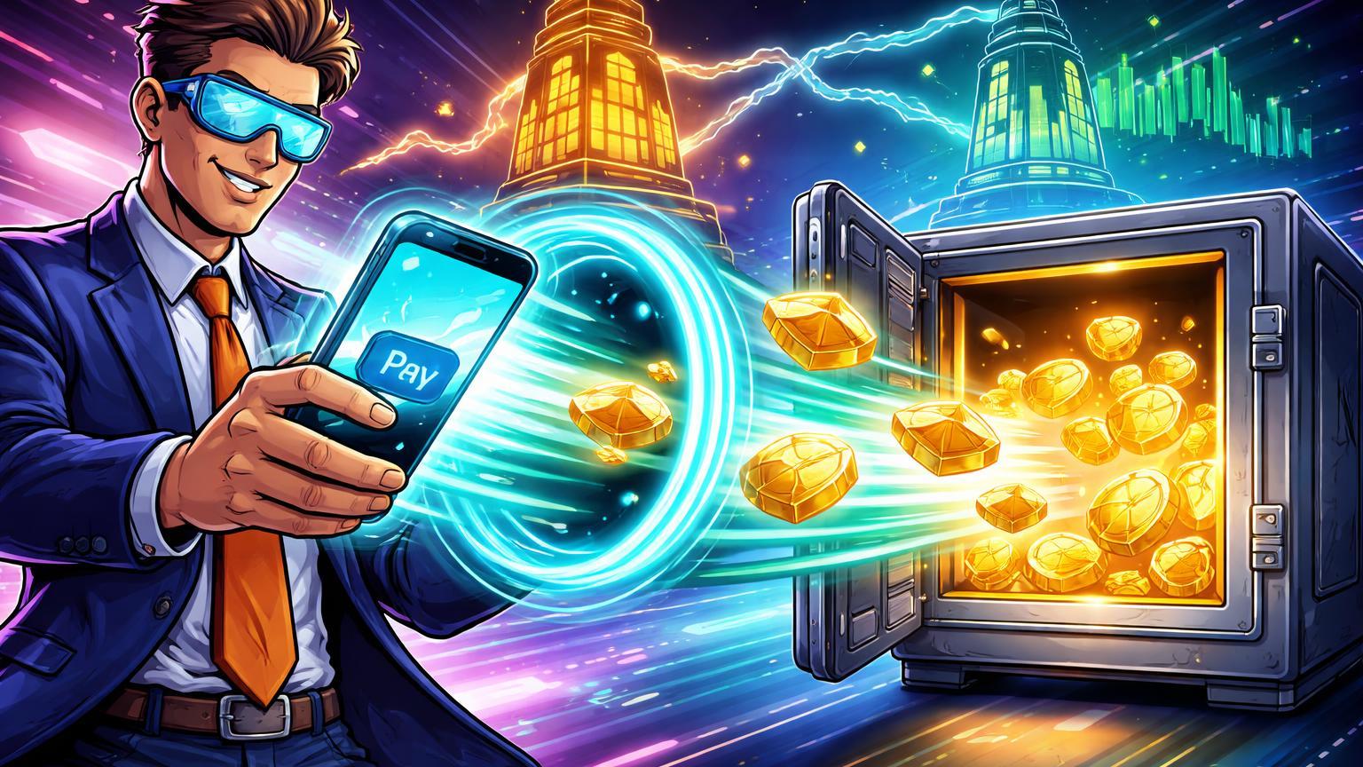Trader cartoon ativando portal cyan de depósitos instantâneos de cripto para cofre digital, simbolizando integração Binance Pay com eToro