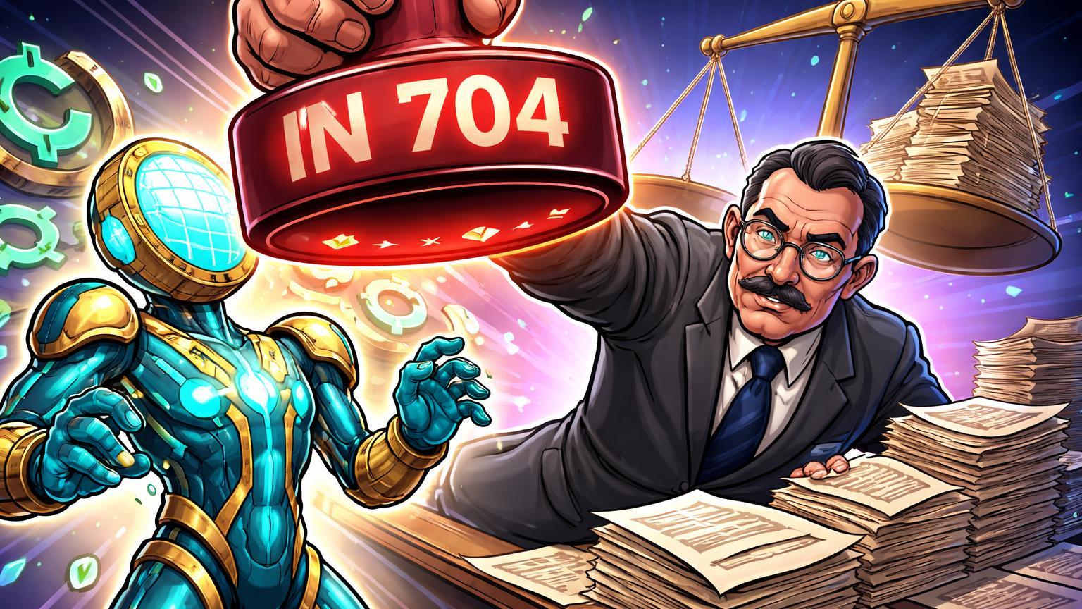 Personagem exchange cartoon sob exame de burocrata BC com carimbo IN 704, simbolizando novas exigências regulatórias para cripto no Brasil
