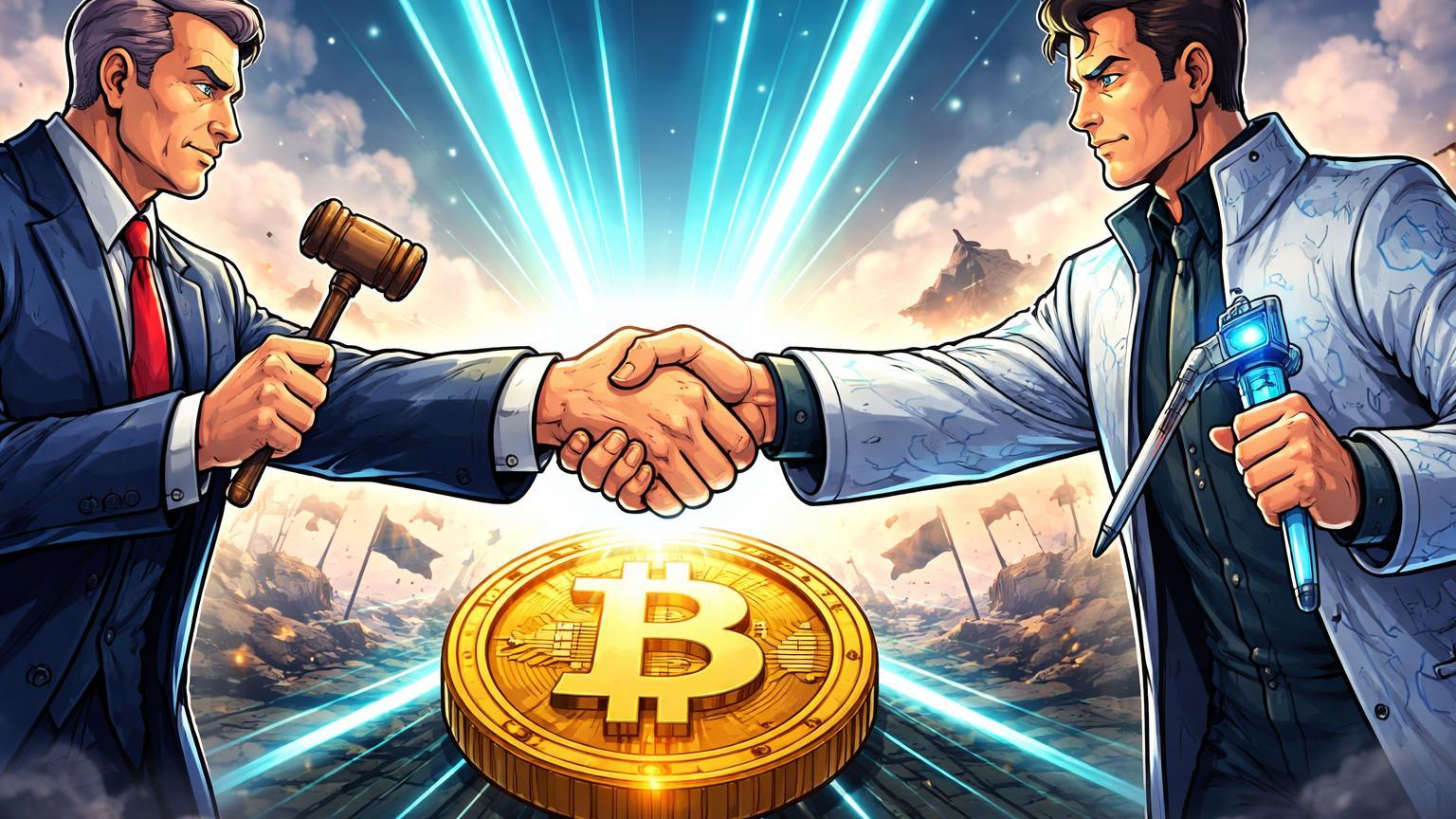 Figuras cartoon de reguladores apertando mãos sobre símbolo cripto dourado, com fumaça dissipando ao fundo, simbolizando armistício entre SEC e CFTC