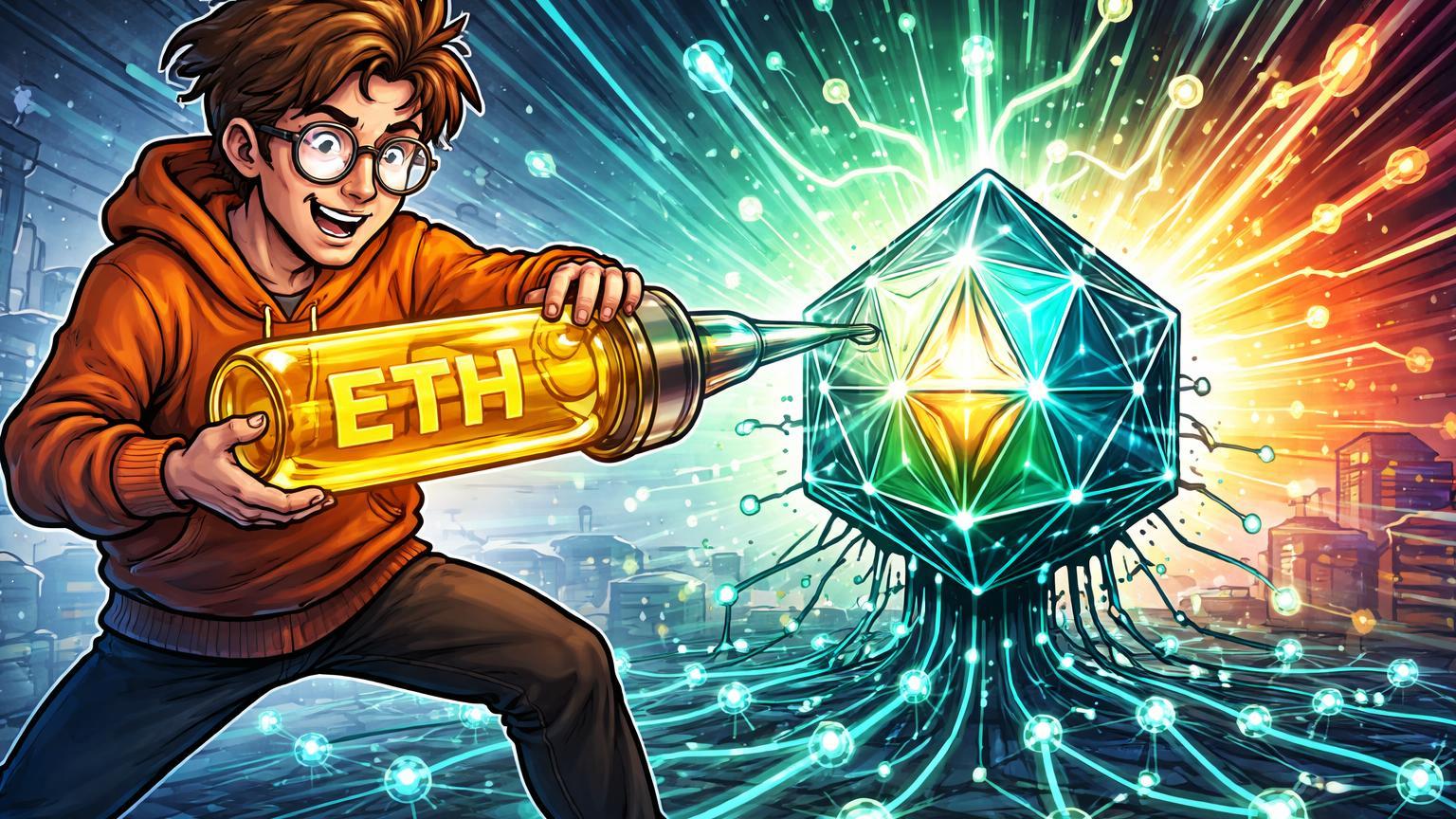 Personagem cartoon líder tech injetando energia ETH em rede neural Ethereum, simbolizando financiamento pessoal de Vitalik para o roadmap