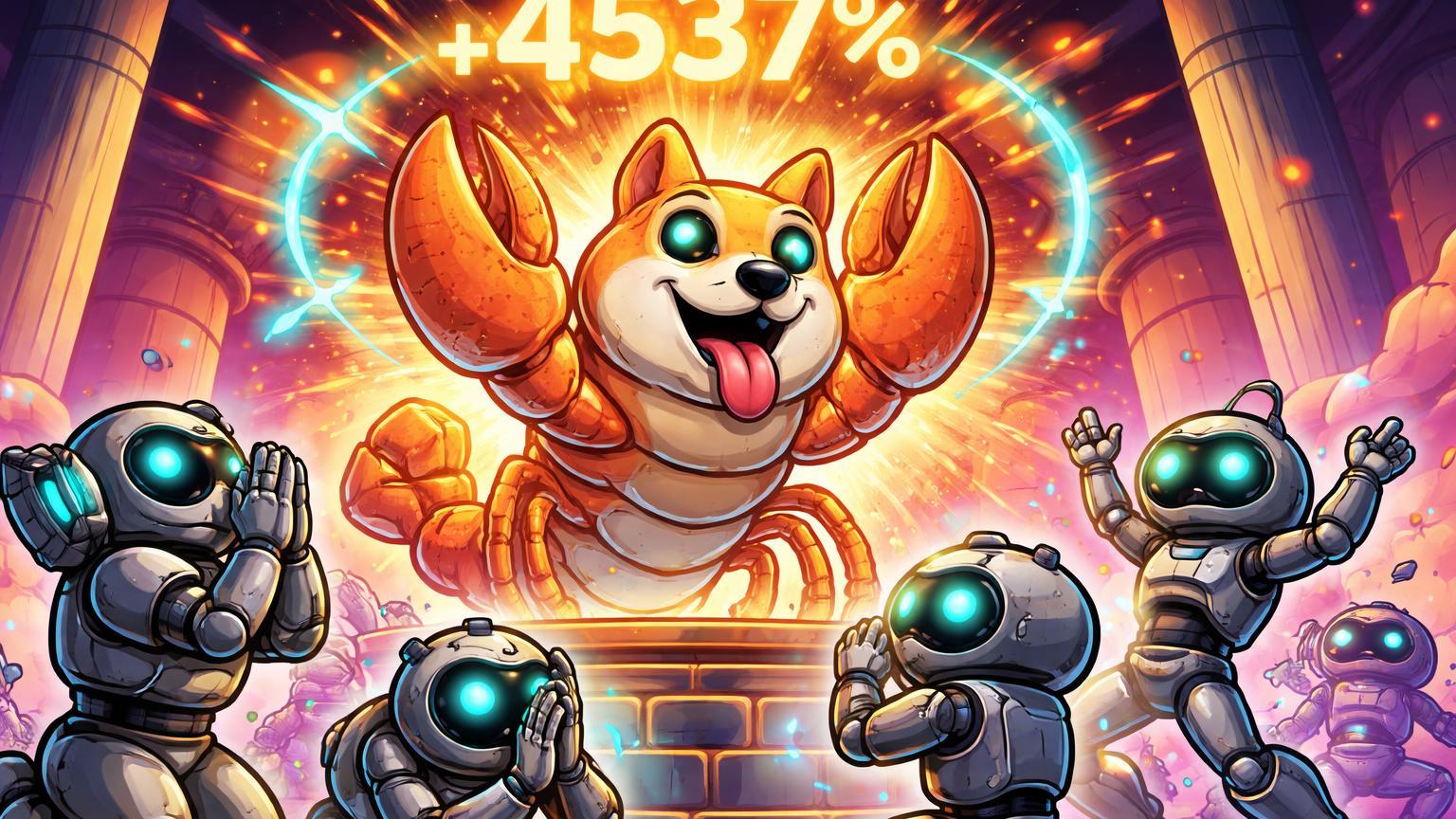 Robôs cartoon adorando lagosta sagrada Doge com explosão +4537%, simbolizando religião IA e surto de volatilidade em Dogecoin