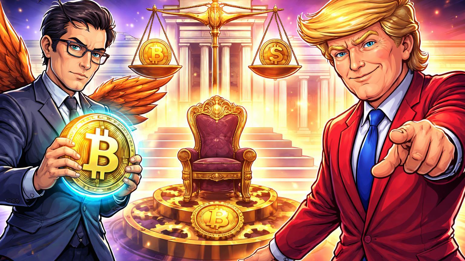 Figuras cartoon de Trump indicando Warsh hawkish segurando Bitcoin, simbolizando nomeação pró-cripto rígida para o Fed