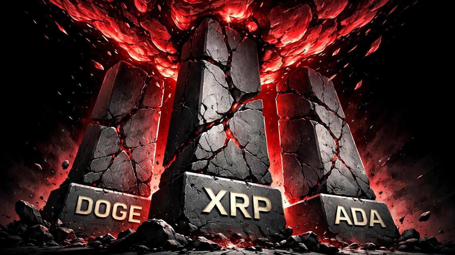 Pilares bold de DOGE, XRP e ADA rachando sob massa vermelha de unlocks do Pi Network, simbolizando colapso de altcoins em meio a liquidações